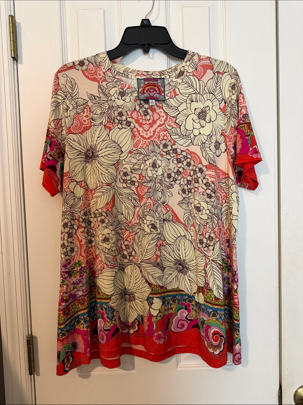 Johnny Was Coral, Cream & Pink Floral Short Sleeve Tee